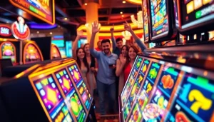 Slot gacor hari ini dengan mesin slot yang ramai dan pemain merayakan kemenangan.