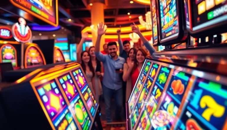 Slot gacor hari ini dengan mesin slot yang ramai dan pemain merayakan kemenangan.