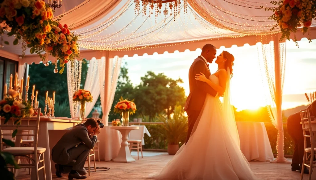 Wedding photography Tampa capturing a joyful couple at sunset amid elegant decorations.