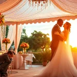 Wedding photography Tampa capturing a joyful couple at sunset amid elegant decorations.