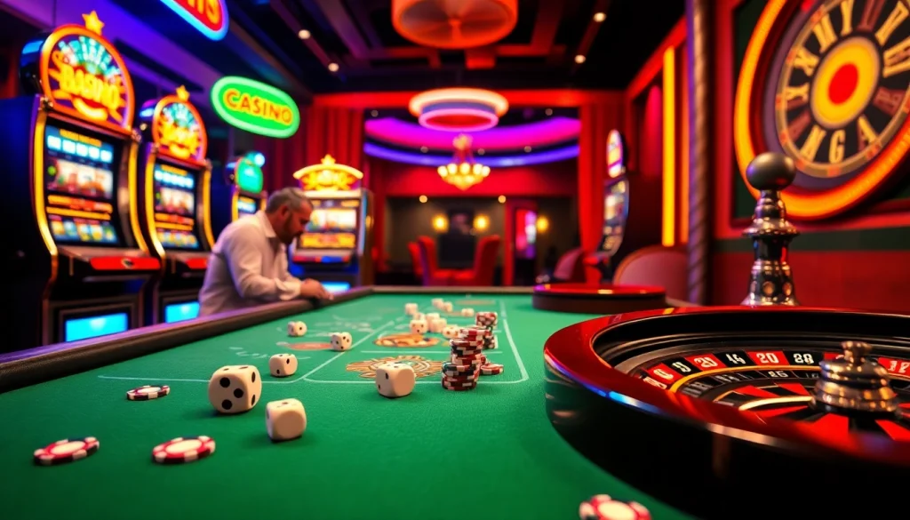 A thrilling casino scene highlighting KJC AC 3 with players at a poker table, slot machines, and a roulette wheel.