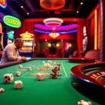 A thrilling casino scene highlighting KJC AC 3 with players at a poker table, slot machines, and a roulette wheel.