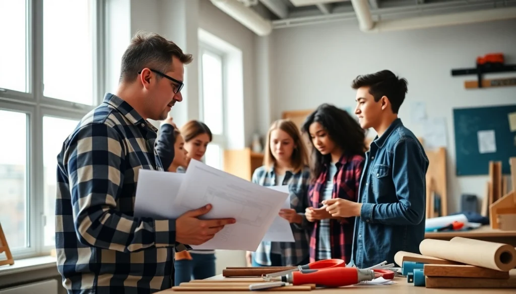 Students learning at construction trade schools in texas engaging with hands-on projects in a bright classroom.
