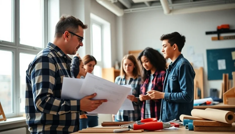 Students learning at construction trade schools in texas engaging with hands-on projects in a bright classroom.