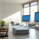 Espace de travail professionnel d'un traducteur assermenté à Marseille avec des documents multilingues et des outils de traduction.