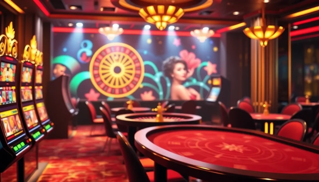 Experience the vibrant excitement of gambling at Trang chủ S88VIP with dazzling slot machines and a roulette wheel.