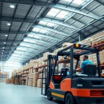 Warehouse interior filled with goods, showcasing an employee operating a forklift in an organized setting.