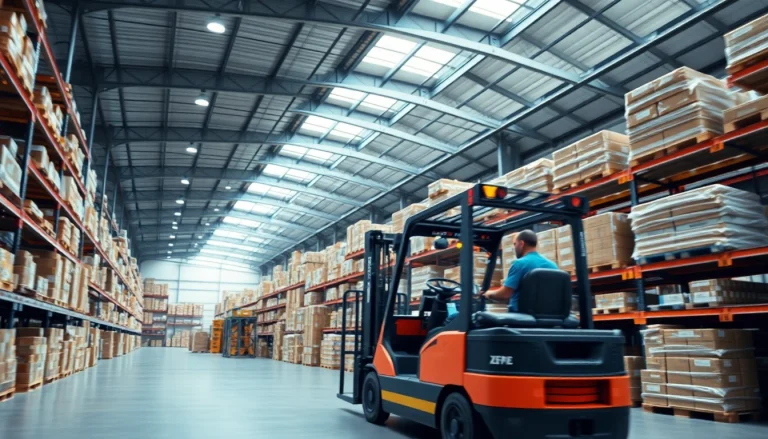 Warehouse interior filled with goods, showcasing an employee operating a forklift in an organized setting.