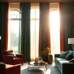 Gordijnstof in een elegante woonkamer met velours gordijnen die sfeer en luxe uitstralen.