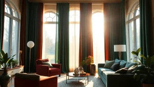 Gordijnstof in een elegante woonkamer met velours gordijnen die sfeer en luxe uitstralen.