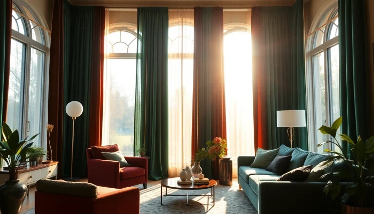 Gordijnstof in een elegante woonkamer met velours gordijnen die sfeer en luxe uitstralen.