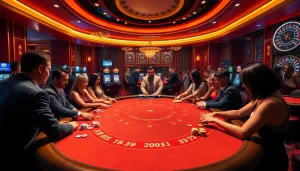 Người chơi thưởng thức một ván poker đầy kịch tính tại casino sang trọng của W88, thể hiện sự phấn khích và chiến lược.