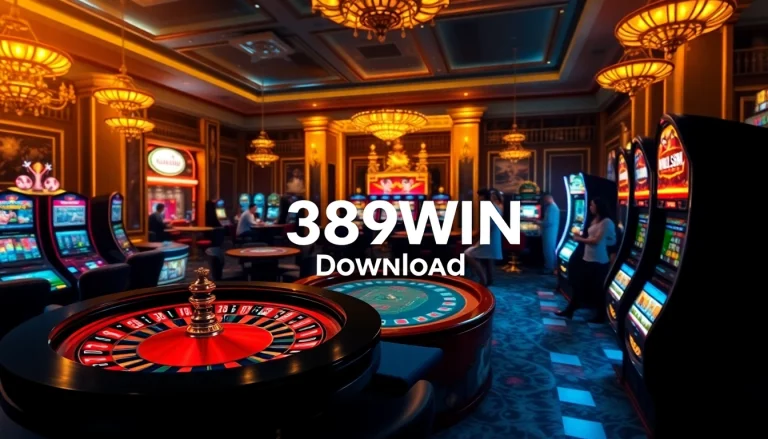 Exciting casino scene showcasing the 389WIN Download interface amidst roulette and poker activities.