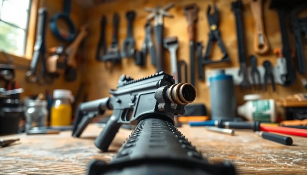 Detailed view of forced reset trigger AR 15 on a workbench showcasing craftsmanship.