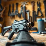 Detailed view of forced reset trigger AR 15 on a workbench showcasing craftsmanship.