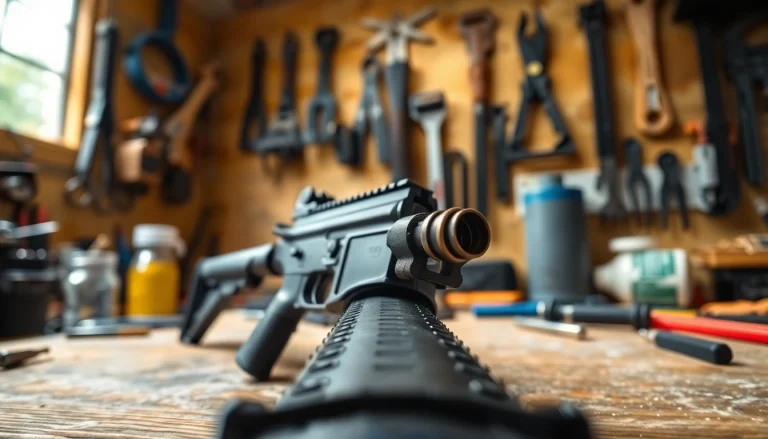 Detailed view of forced reset trigger AR 15 on a workbench showcasing craftsmanship.