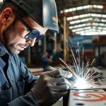 Professionally executing structural steel welding with precision in an industrial fabrication setting.