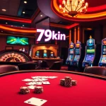 A luxurious casino scene with poker, roulette, and slot machines highlighting 79kin gaming excitement.