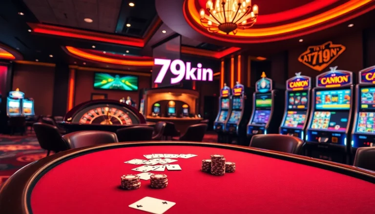 A luxurious casino scene with poker, roulette, and slot machines highlighting 79kin gaming excitement.