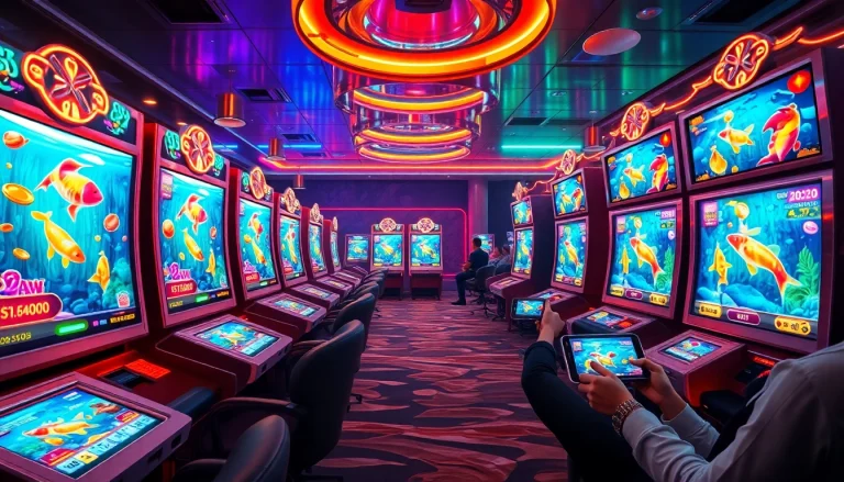 Bắn cá đổi thưởng 2025 action with players engaged in vibrant fish shooting games at an online casino.
