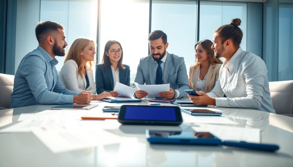Crisis management consultant leading a team discussion in a modern office setting.