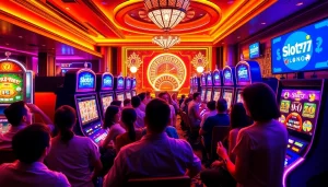 Players celebrating wins at Slot777 slot machines in a lively casino setting.