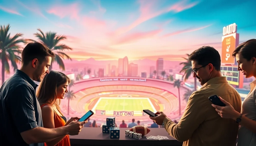Engaging scene of California sports betting with enthusiastic bettors using mobile devices amid landmarks.