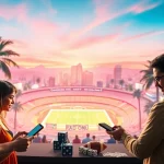 Engaging scene of California sports betting with enthusiastic bettors using mobile devices amid landmarks.