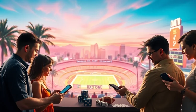 Engaging scene of California sports betting with enthusiastic bettors using mobile devices amid landmarks.