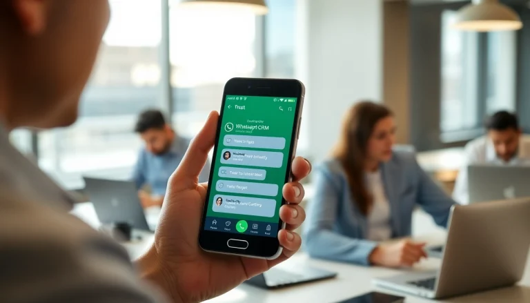 Engaging presentation of WhatsApp Smart CRM in an office environment with user interaction.