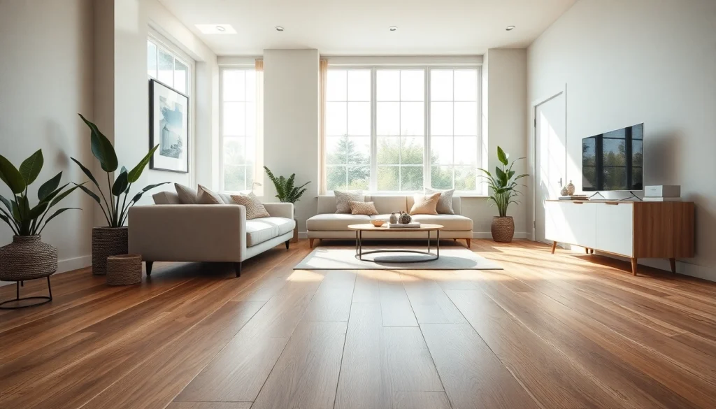 Carrelage imitation parquet dans un salon moderne avec une décoration stylée et une lumière naturelle.