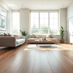 Carrelage imitation parquet dans un salon moderne avec une décoration stylée et une lumière naturelle.