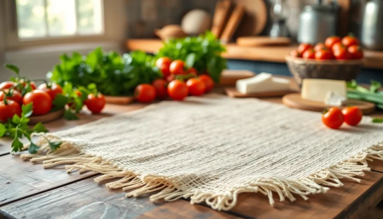 Kaasdoek op een houten tafel met verse ingrediënten voor een stimulerende kookomgeving.
