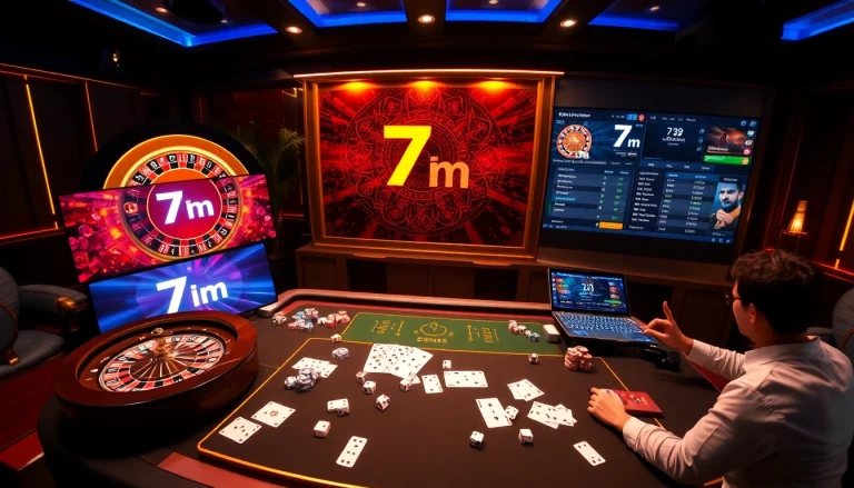 Gamblers experiencing thrilling online 7m betting at a luxurious casino setup with poker and roulette elements.
