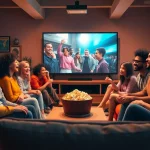 Friends joyfully enjoying filme noi in a cozy living room setting.
