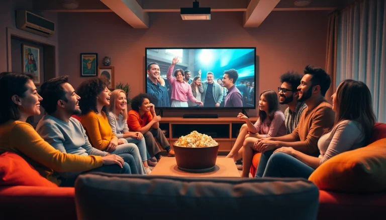 Friends joyfully enjoying filme noi in a cozy living room setting.