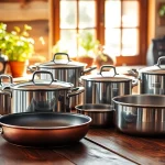 Showcase of stylish cookware and pots highlighting their features in a sunlit kitchen.