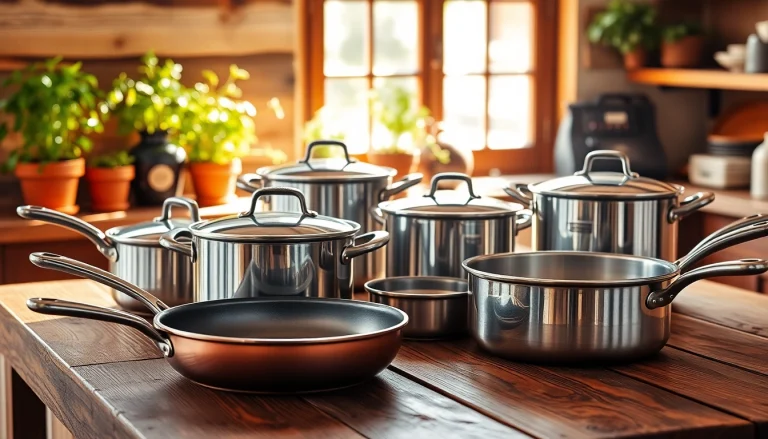 Showcase of stylish cookware and pots highlighting their features in a sunlit kitchen.