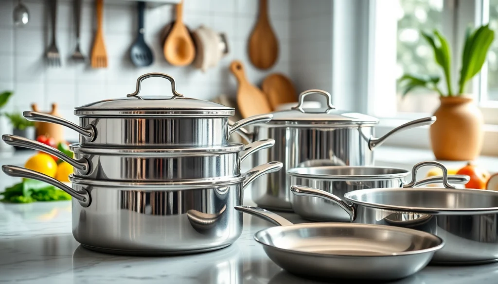 Showcase of stainless steel cookware NZ with a gleaming finish on a kitchen countertop.