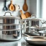 Showcase of stainless steel cookware NZ with a gleaming finish on a kitchen countertop.
