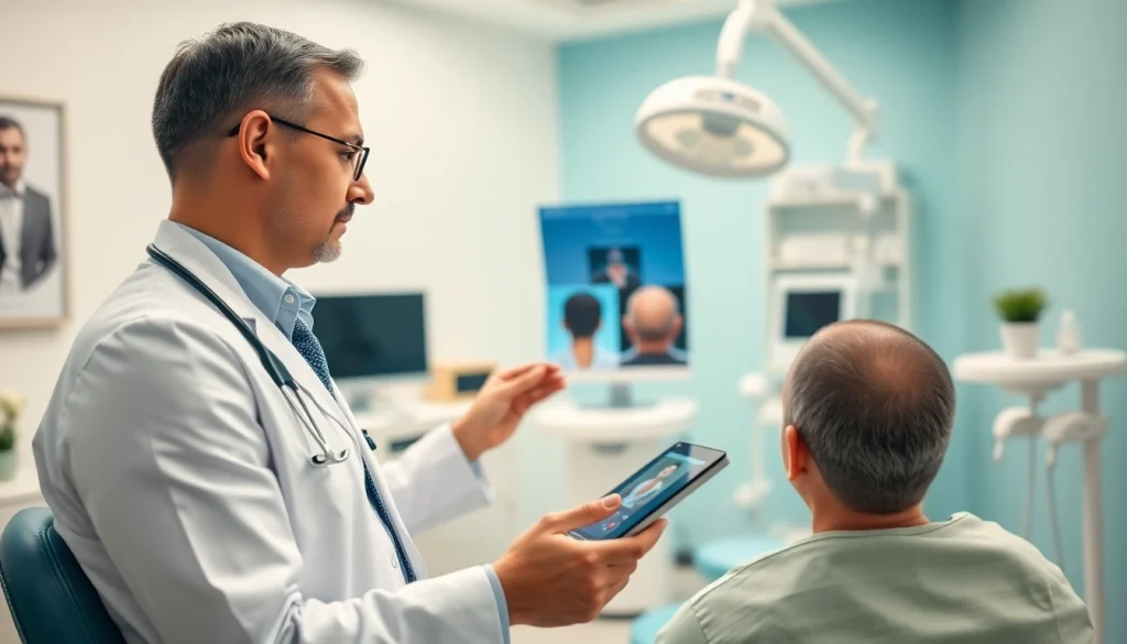 Hair transplant consultation with a professional surgeon examining scalp images.