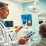 Hair transplant consultation with a professional surgeon examining scalp images.