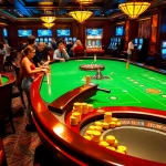 Exciting gambling scene with vibrant tables and digital obraltoto betting interface in luxury casino.