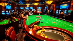 Exciting gambling scene with vibrant tables and digital obraltoto betting interface in luxury casino.
