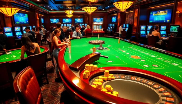 Exciting gambling scene with vibrant tables and digital obraltoto betting interface in luxury casino.