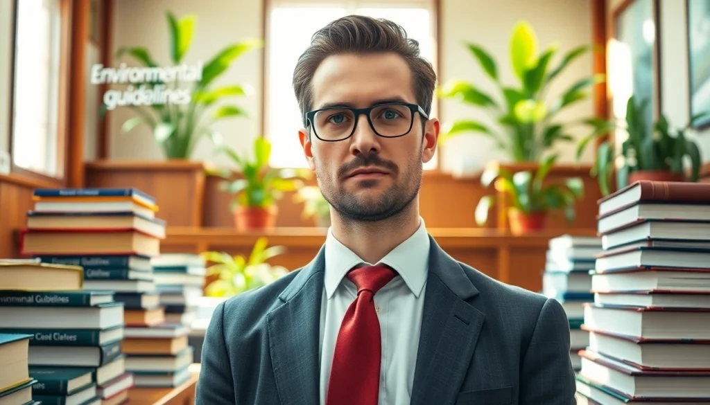 Engaged environmental lawyer presenting a case in a dynamic courtroom environment.