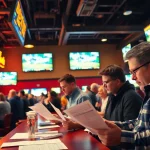 Engaging atmosphere of Oklahoma sports betting with fans eagerly discussing strategies and watching live games.