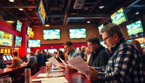 Engaging atmosphere of Oklahoma sports betting with fans eagerly discussing strategies and watching live games.