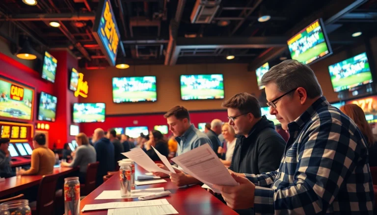 Engaging atmosphere of Oklahoma sports betting with fans eagerly discussing strategies and watching live games.
