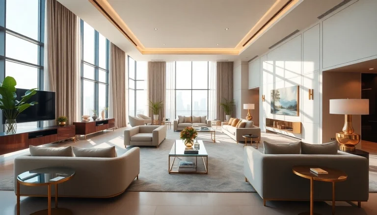 Showcasing a luxurious interior design dubai setting filled with natural light and modern decor.